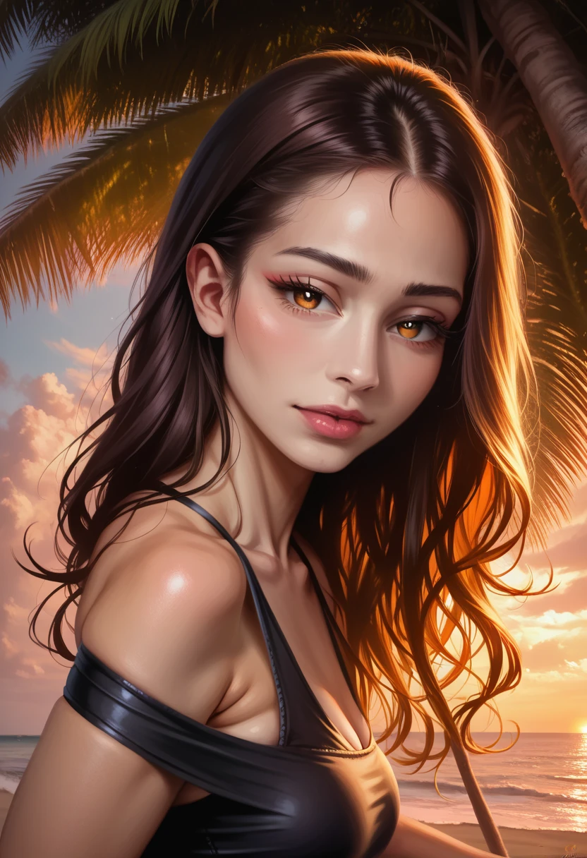 a beautiful woman in a black swimsuit, detailed face, long eyelashes, beautiful lips, wavy hair, slim fit body, standing in a tropical beach, golden sunset lighting, vibrant colors, cinematic composition, photorealistic, 8k, masterpiece, (best quality, 4k, 8k, highres, masterpiece:1.2), ultra-detailed, (realistic, photorealistic, photo-realistic:1.37), HDR, vivid colors, studio lighting