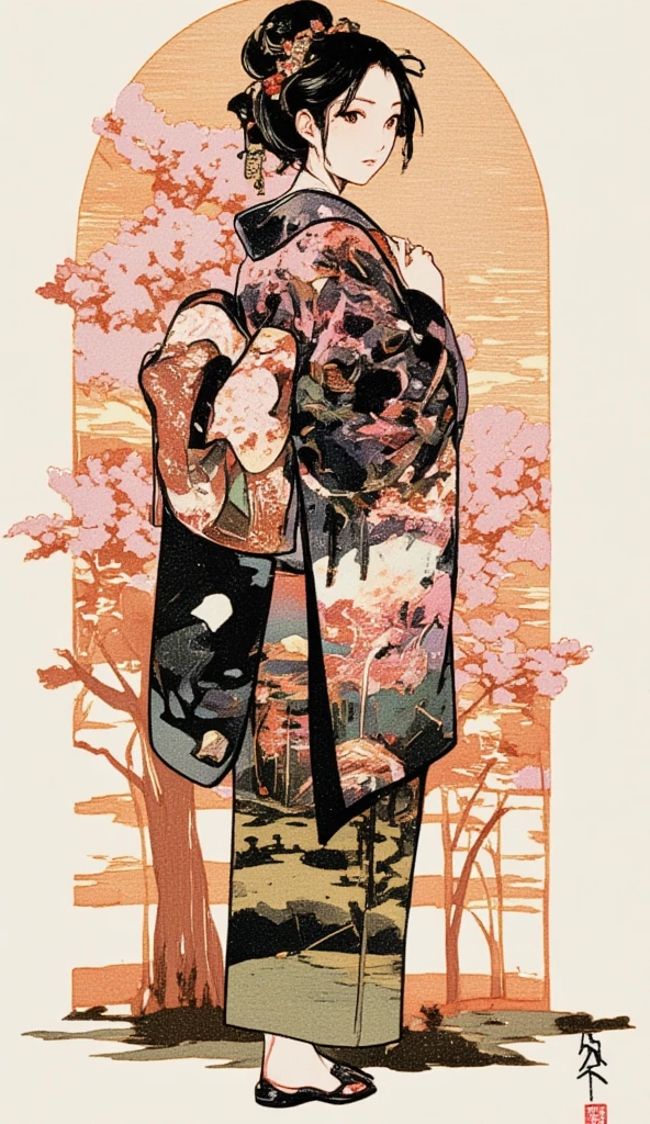 A ukiyo-e collage art of women in yukata. The backdrop of a scenic sakura forest in Japan inside the woman's silhouette. Background of japanese sakura design patterns.