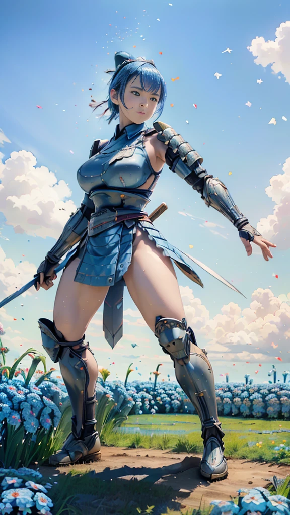  A young Japanese woman , warrior, Combat Stance, wielding a sword,  very detailedな, realisti,smile, ((  Looking at the Subject from Below :1.2)), ((Crouching and standing up,  feet :1.3)),  Brilliant Appearance , ,Creative Action,  extremely detailed, Imaginative,  sensual, spontaneous ,  top quality ,  skin texture, ((very short hair), (blue hair), blue eyes, 引き締まった体, huge breasts,(big breasts:1.5), Big Breasts,  plump thighs,  blue armor with forgotten grass pattern engraved ,blue leather samurai armor knight, bikini type design that emphasizes chest exposure ,((sideboob)),  wear a blue cloak with a don't forget grass flower pattern , ruffled skirt,  b blue shin guard engraved with forget grass pattern , Black high-leg underwear , White tights,  absolute domain,  Intricate Details , ((Blue sky and sunrise )), ((big forget-me-no petals background:1.6)), ((big forget-me-no petals:1.6)), ((big forget-me-no petals dancing in the wind:1.6)),( forget grass in full bloom ),( large forgotten grass in full bloom on the front), (confetti),  RAW photos , 8k, masterpiece,  top quality , Ultra Details, very detailed,  Intricate Details , high definition ,超 Intricate Details, very detailed 8k cg wallpaper,