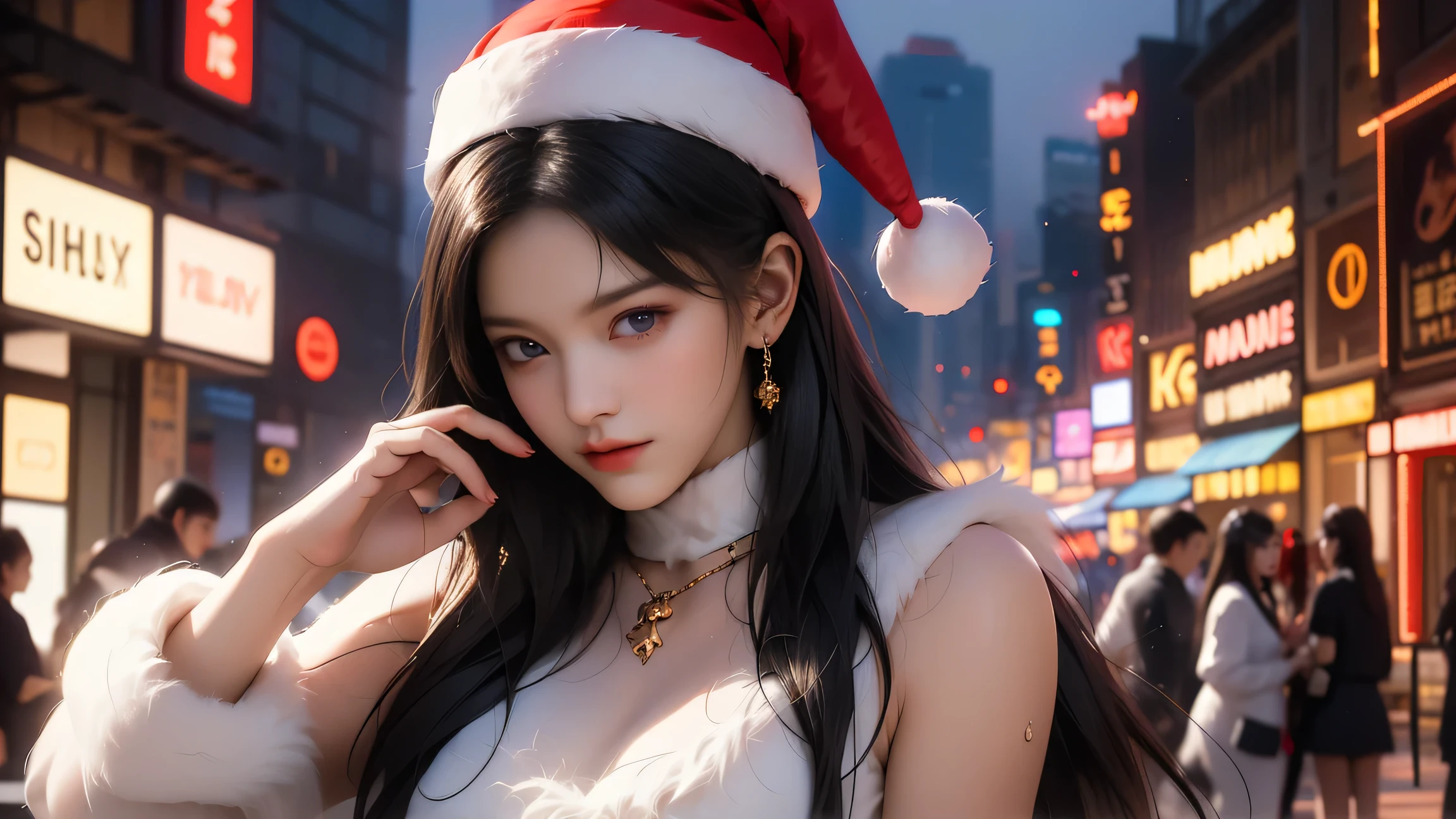 ((Girl standing on a New York street corner))、(( Illuminations)),( best quality))、(( excellent quality、8k、tmasterpiece:1.5))、The genitals are clear:1.2、 Perfect Body Beauty:1。4) wet skin、smile、Film texture、 photorealistic、 high image quality、1 person、Single、 High Hips 、 apparently 、(Thin face)、Gray Hair、 long hair on background、4K、Ultra HD、masterpiece、1 personの女の子、 serious face、 detailed eyes on board、 very long hair、(( smiling girl waving))、Look to the side、 beautiful face、 beautiful eyes、(big) blue eyes)、(Dull silver hair)、 shiny hair、 pubic skin、Reduce glare、Finger ratio adjustment、Escrow、Bat View、(dance)、 dynamic angle 、( MASTER PARTS )、(最 high image quality)、( Ultra-fine)( Ultra-fine)、( illustrations)、(detail light)、( very delicate and beautiful)、Dramatic Shadows、 ray tracing、reflection、超 high definition 、( MASTER PARTS )、( high image quality) high definition 、( MASTER PARTS )、(最 high image quality)、(Ultra HD)、 high definition 、( Colorful Hair and Mesh ))、 Hair Fluttering in the Wind 。 Hair Fluttering in the Wind 、(Big deep blue eyes)、( Sleeveless)、( skirt fluttering in the wind )、( searchlight )((Furby、Laser beam))、( full body shot )、( long legs )、( high heels)、、 Wakino  、 raises arms、proton 、 Wakino  、Show the side、 Sleeveless、Show your upper arm、Upper arms、 raises arms、( Girl Lying Behind Me 、Milky Way Galaxy)((masterpiece、 top quality 、 high definition 、 High Definition CG Unified 8K Wallpaper ))、 very hot and sexy 、Incredible beauty、 Perfect Proportions 、 beautiful body 、  Slim Body Beauty :1.3)、( dynamic pose、 dynamic composition )、 Christmas、 Santa Claus、 Woman in Santa Claus costume 、 girl lying in bed and staring at viewers 、 White Fur Trim 、 Long Sleeve 、thick black belt 、Gold Buckle、Black leather boots、 Santa Claus hat、 smiles shyly、( beautiful hands、Correct finger、Four fingers、One thumb)、