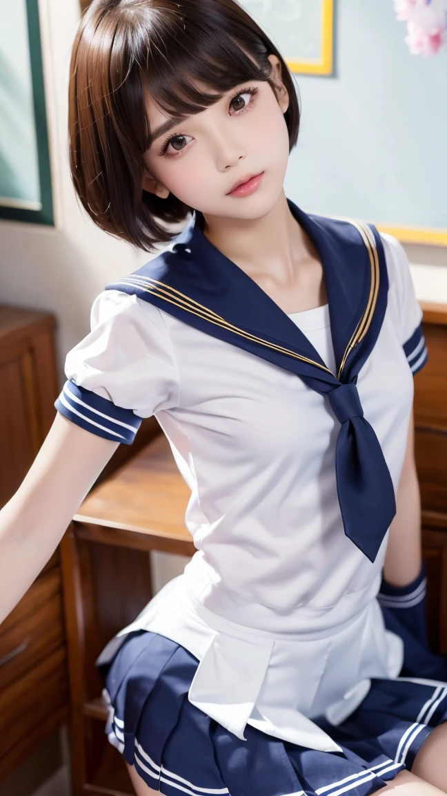 ulzzang-6500-v1.1, (Raw photo:1.2), (Photorealism), Beautiful detailed girl, Very detailed eyes and face, Beautiful detailed eyes, Huge file size, (Big), High Resolution, Very detailed, Best quality, [Masterpiece:1.6], [JK Uniform], Illustration, Very detailed, CG, Fine detail, Best quality, Very detailed CG uniform 8k wallpaper, Movie Lighting, 1 girl, 17 years old, cute Japan high school girl, perfect figure, [wearing white school blouse unbuttoned], large taut breasts, [huge breasts, heavy breasts, H cup: 1.8], cute drooping eyes, beautiful big eyes, white school blouse, bra, sweaty and wet, [sexual arousal: 1.1], lying in bed: 1.5], hands raised, School uniform ribbon around neck, smile, (the whole body is wet), shining eyes