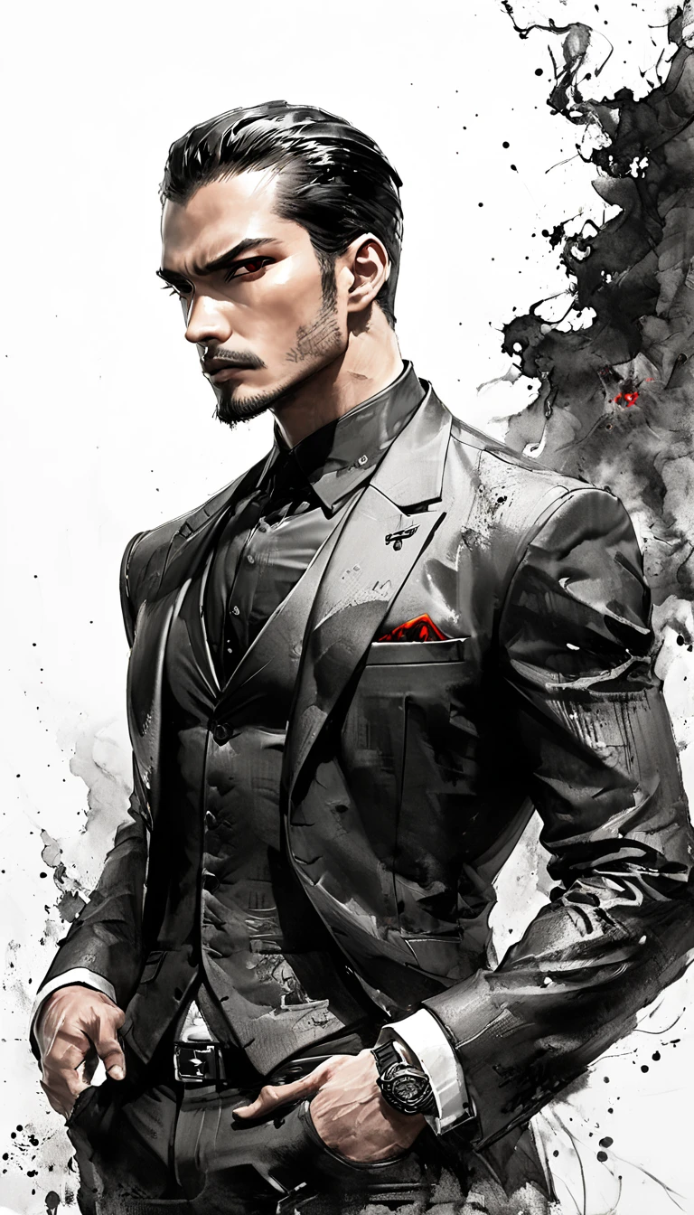 Neo-noir futuristic art style, dynamic center view, waist-up view, semi-realistic anime-style man. Stand straight, firm and composed posture, look at viewer. Black hair neatly slicked-back, parted left, with slight volume on top. Warm brown skin, sharp, almond-shaped red eyes, focused and intense, looking directly at the viewer, serious, no-nonsense expression. Thick straight eyebrows, straight nose, well-defined jawline, neutral thin lips. Wearing a modern black suit with a plain black collar and distinct ((red)) accents on the lapels and cuffs. The inner vest subtly incorporates traditional Javanese batik motifs, black and red. enhancing the powerful, commanding presence. Dramatic lighting highlights his posture, serious expression, and red accents in the outfit, commanding, no-compromise attitude. clean white background with dynamic black and red ink spots, artistic drawing strokes resembling Rotring 0.5mm pen, precise and perfect linework, ultra-quality, sharp focus.