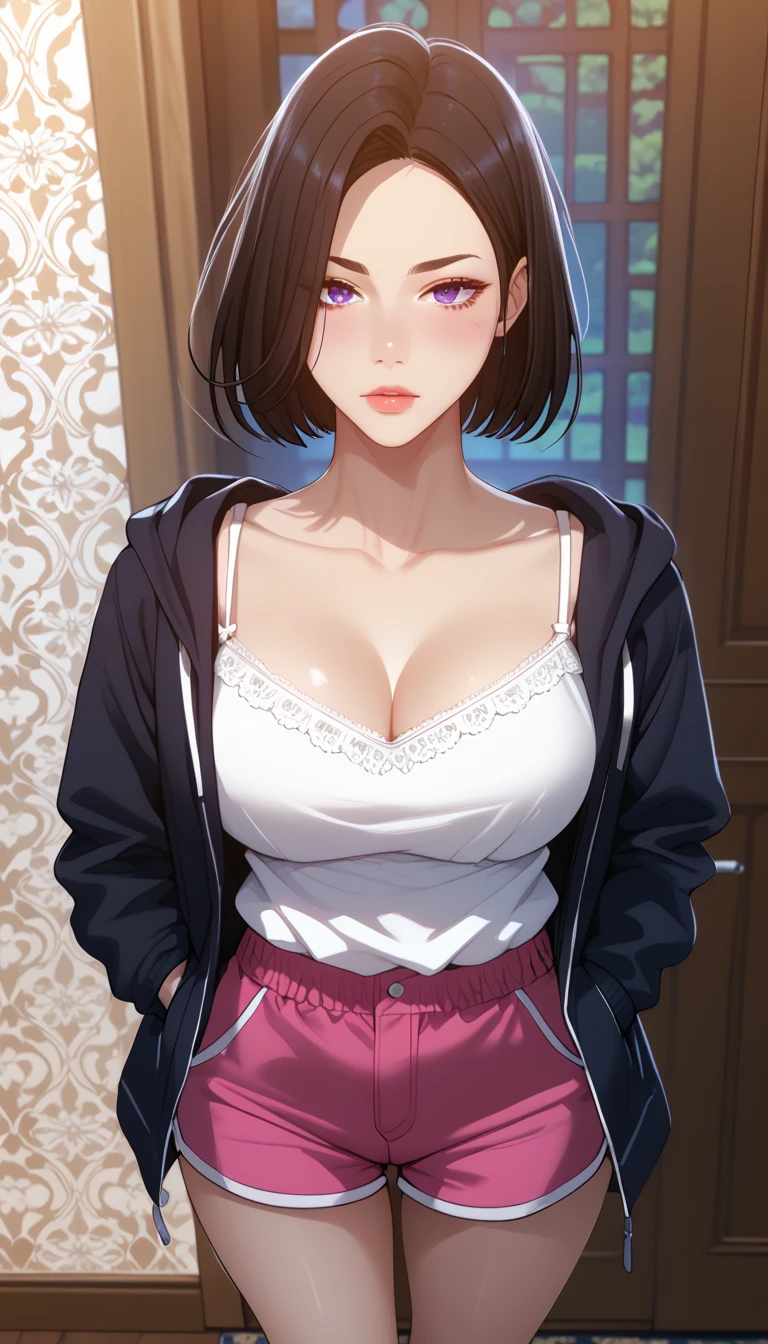 (masterpiece, best_quality:1.2), 1girl, solo, Cha Soo Ah, short hair, black hair, brown hair, blue eyes, purple eyes, (forehead:0.8), (hoodie jacket, black jacket, long sleeves, white camisole, pink shorts, short shorts, dophin shorts), beautiful eyes, female focus, looking at viewer, large breast, wide hips, ((above view)) ((close up shot)) ((solo)), hands in pockets, detailed, very high resolution, no blurry image, standing, beautiful, elegant, serene expression, intricate details, detailed background, indoors:1.3