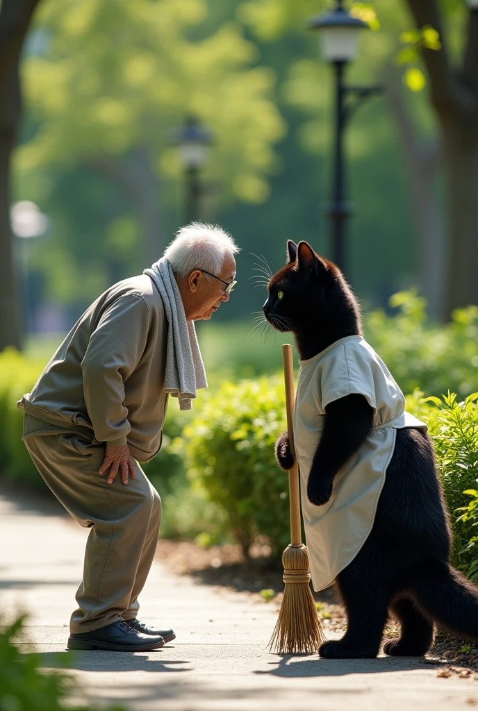 ultra-realistic, photorealistic, dramatic scene, shadow, global-illumination, Park clean-up day by community volunteers, (an elderly Japanese man is facing the human-like large black cat standing in a park), (The grandfather was startled by the giant cat and fell backwards and onto his buttocks with his mouth open), (The human-like huge black cat is wearing a white smock with long sleeves and holding a broom), (the old man is extremely surprised at the large cat and startled and falls on his buttocks), the old man is looking back and showing his surprised face, the old man wears a simple room wear with tracksuits, a towel around his neck, plants, trees, hedge, peaceful sunny day,