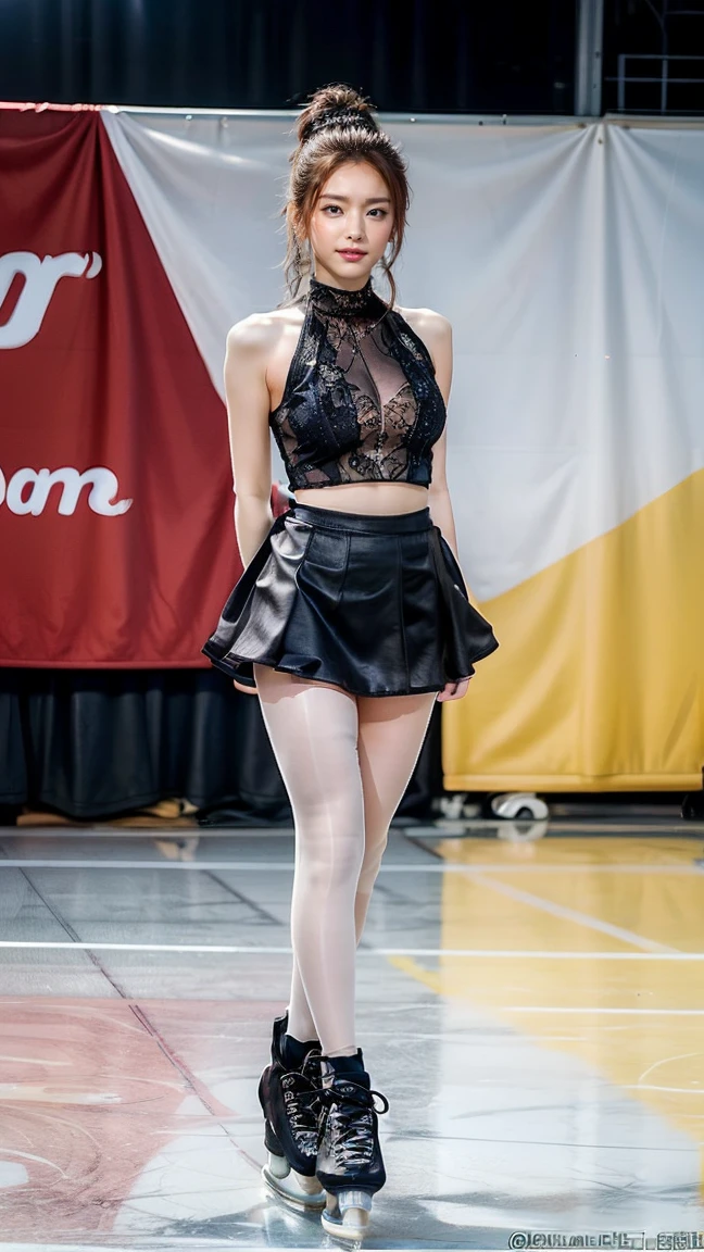 21 year old young woman with dark brown hair, walking on the stage for a mannequin  photography of the year, small hips, 32k hud, she wear black lingerie with black skirt and white boots, arche entrance of the stage, mannequin