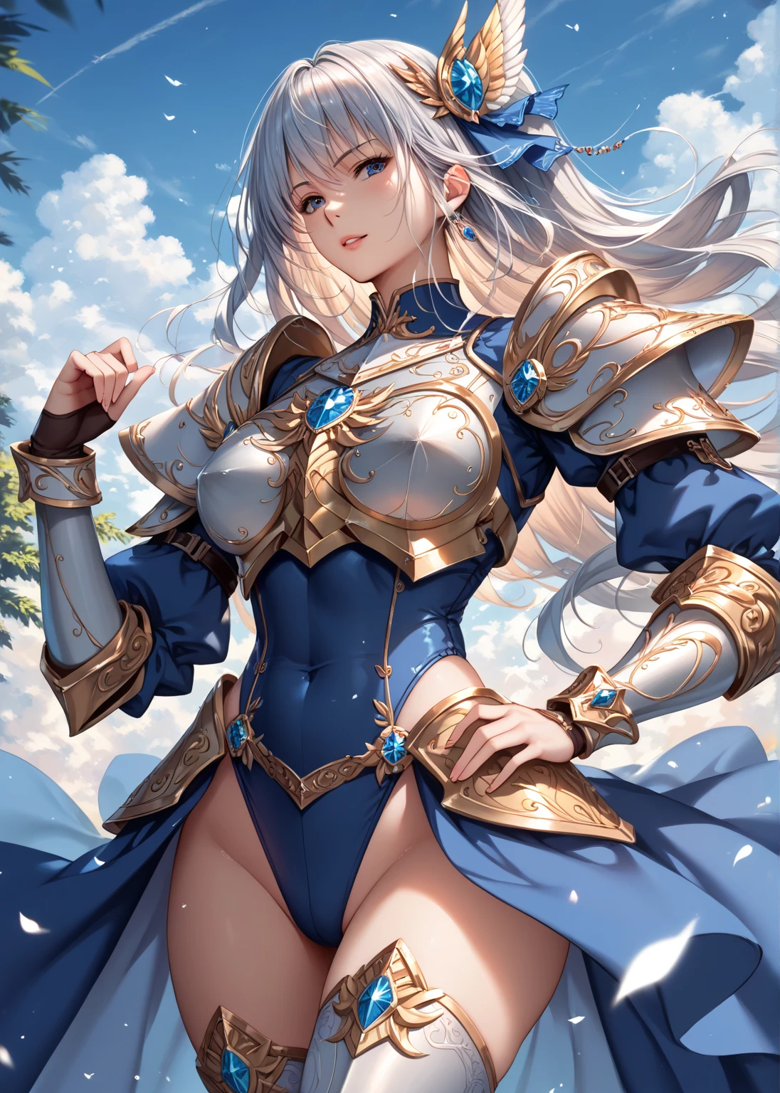  detailed portrait of a young woman in a silver blue dress , close-up,  Complex Fantasy Art ,  breathtaking character art ,  top quality art station fan art,  grand and intricate character art , Beautiful Armor,  high definition art gem ,  Detailed Digital Anime Art, high leg leotard dress, Armored Girl, Age 30, Six-headed,  anime style , ( randomly change action poses due to curses),  cowboy shot, 