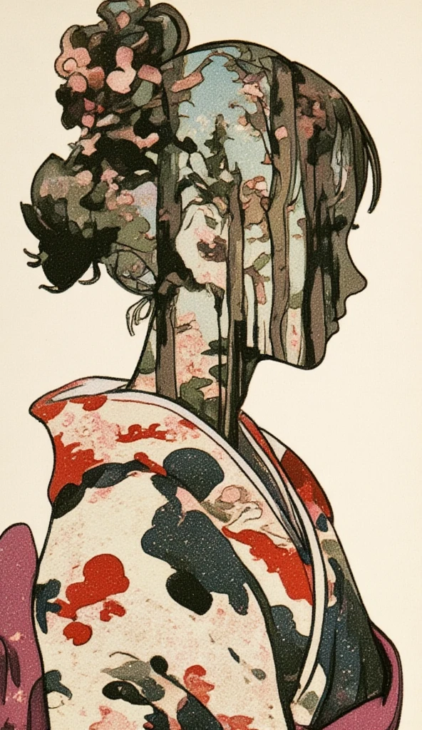 A ukiyo-e collage art of women in yukata. The backdrop of a scenic sakura forest in Japan inside the woman's silhouette. Background of japanese sakura design patterns.