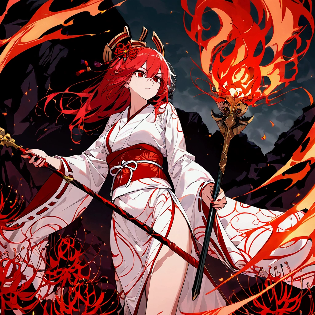 "A middle-height woman with striking red hair styled in a bold and fashionable way, her eyes a toxic shade of dark purple, is holding a spear with a cross-shaped tip. She has a serious expression on her face. Adorning her hair is a red spider lily hair accessory. The background features a volcanic landscape with exposed rock and flames rising. She is wearing a traditional Japanese miko outfit inspired by the red spider lily, with a white and red marbled cap worn at an angle. The spear emanates illusions of flames and poison."