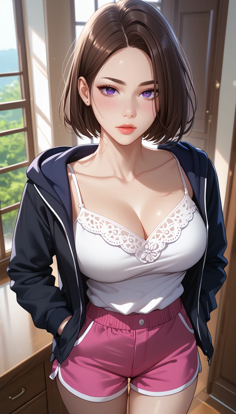 (masterpiece, best_quality:1.2), 1girl, solo, Cha Soo Ah, short hair, black hair, brown hair, blue eyes, purple eyes, (forehead:0.8), (hoodie jacket, black jacket, long sleeves, white camisole, pink shorts, short shorts, dophin shorts), beautiful eyes, female focus, looking at viewer, large breast, wide hips, ((above view)) ((close up shot)) ((solo)), hands in pockets, detailed, very high resolution, no blurry image, standing, beautiful, elegant, serene expression, intricate details, detailed background, indoors:1.3