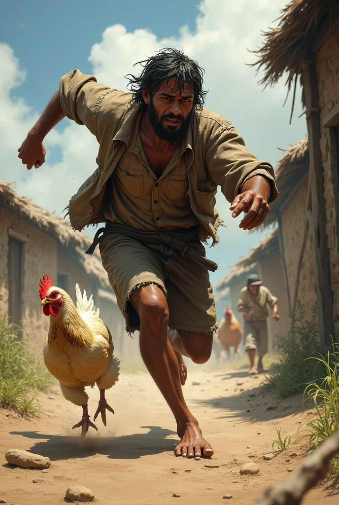 Create a dramatic scene of Jesus Christ struggling to carry a giant chicken in his sholder up a muddy, rural road in a mountainous village. The sky is overcast, reflecting his effort and suffering. Jesus is visibly sweating and tears are streaming down his face. Villagers are watching him with expressions of awe and concern. The road is rough and the village is rustic, with simple, traditional houses in the background."