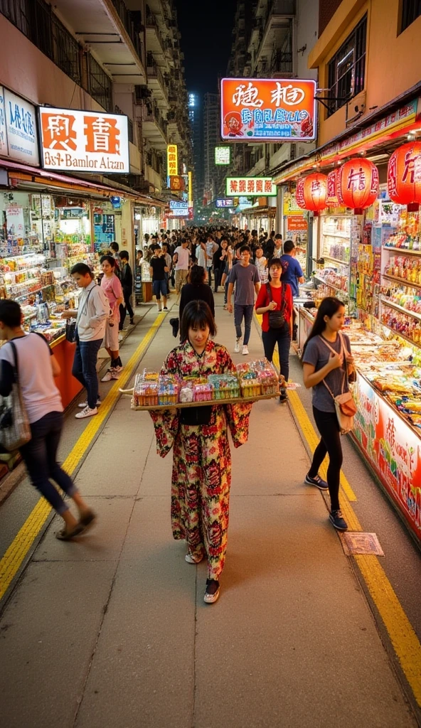 (RAW photo, real photo, high quality, masterpiece), (busy street with different booths, snack and drink booths, woman move in the street fluidly, woman holding paper tray in hands and many toys inside, night time, lanterns are hanging in booths), top view, look at viewer, A young Japanese woman with smooth, porcelain skin and long, silky black hair cascading down her back, ((Japanese yutaka, Japanese robe)), leg exposed, hongkong