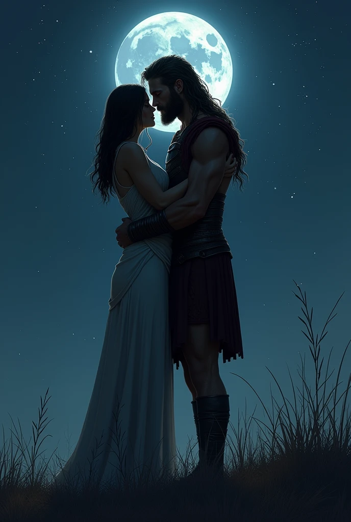 A handsome, young Greek god with a sword and a woman, it was night near the river