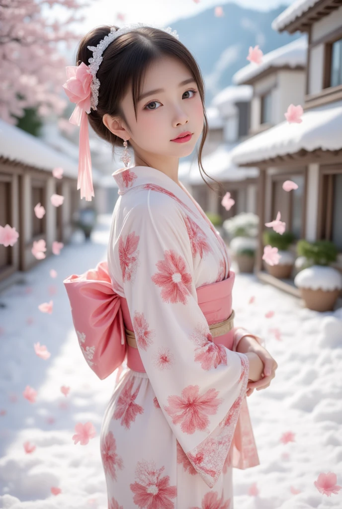 Contemporary Art, artwork, The theme is  "Petal rain",  Various petals falling like rain , Snow-covered city,  Japanese  wearing a Japanese yukata, Petals fall on the  ,  beautiful composition , fantasy,  The colors of the kimono and petals are extremely bright in the snow-white city, Sophisticated design ,  Advanced Lighting Technology ,  Real shot in 8K quality 