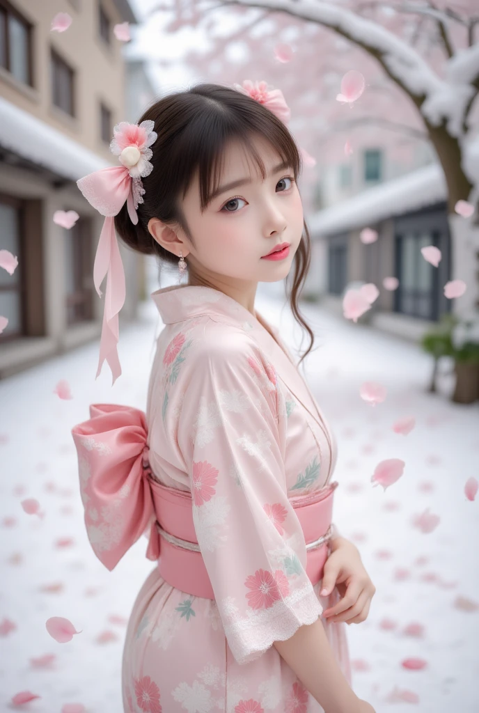 Contemporary Art, artwork, The theme is  "Petal rain",  Various petals falling like rain , Snow-covered city,  Japanese  wearing a Japanese yukata, Petals fall on the  ,  beautiful composition , fantasy,  The colors of the kimono and petals are extremely bright in the snow-white city, Sophisticated design ,  Advanced Lighting Technology ,  Real shot in 8K quality 