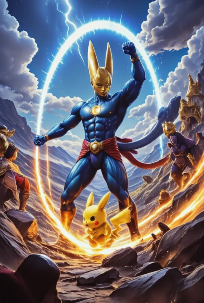 Mewtwo at hyperspeed, accompanied by Pikachu, Goku, Freeza, and Aang, portrayed as detailed fantasy characters. The scene is in 4 resolution, highly detailed with lighting, vibrant colors, composition, epic scale, dramatic lighting, and photorealistic quality, resulting in a masterpiece.