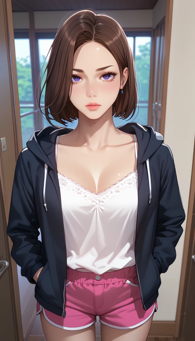 (masterpiece, best_quality:1.2), 1girl, solo, Cha Soo Ah, short hair, black hair, brown hair, blue eyes, purple eyes, (forehead:0.8), (hoodie jacket, black jacket, long sleeves, white camisole, pink shorts, short shorts, dophin shorts), beautiful eyes, female focus, looking at viewer, ((above view)) ((close up shot)) ((solo)), hands in pockets, detailed, very high resolution, no blurry image, standing, beautiful, serene expression, intricate details, detailed background, indoors:1.3