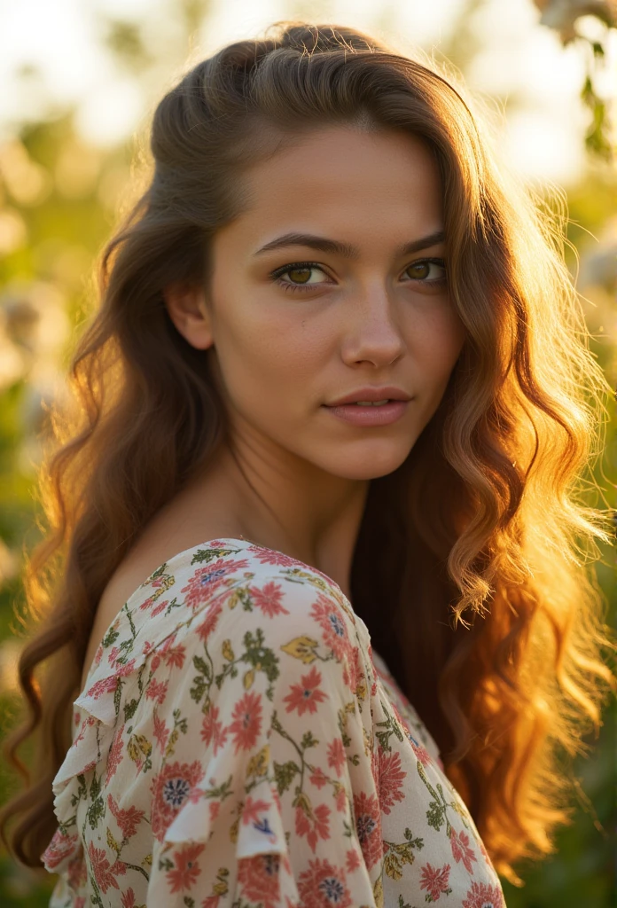 a beautiful girl, elegant young woman, detailed intricate face, beautiful eyes, lush lips, long eyelashes, flowing hair, delicate features, soft skin, floral dress, standing in a field of flowers, sunlight, warm color tones, cinematic lighting, 8k, high resolution, detailed, photorealistic, masterpiece