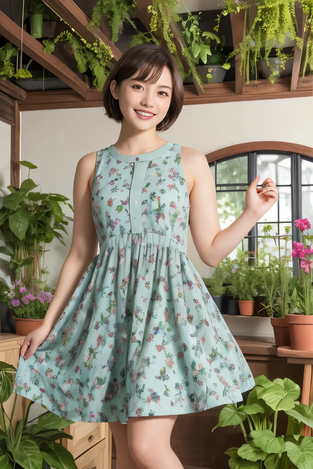 339 (20-year-old female, short hair), ( high image quality), (smile), ( Colorful Dress), ((Arietti's View of the World )), (BIG PLANTS ), (Dollhouse)