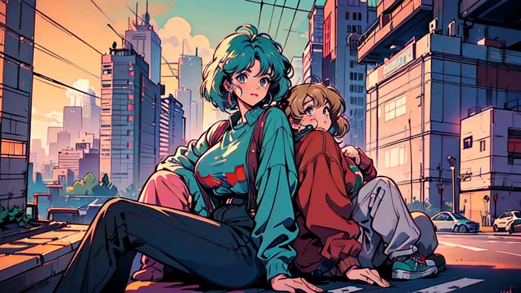 (masterpiece), Highest quality, Expressive eyes, Neon pastel aesthetics, Retro 90s, Neon color,((Girl sitting on sofa,In a cozy room,Records hanging on her wall, Comic books on the floor, Looking out the window behind her at the night city, Upholstered room, Anime figures lined up on a shelf)), Wearing headphones, (All around her it sparkles), (wearing thick colorful sneakers), (blue eyes), (Soft look), (Synthwave Art Style), Colorful Hair, Desk with PC set up