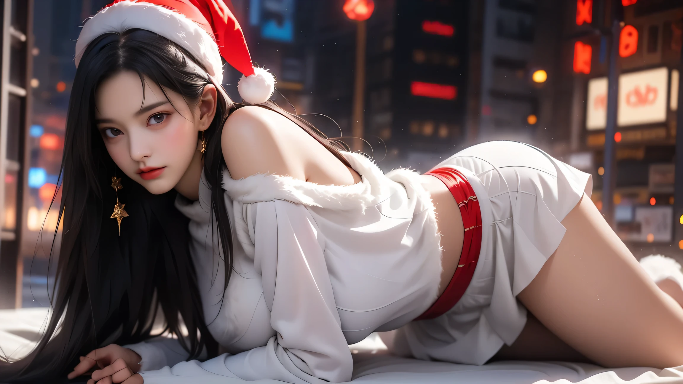 ((Girl lying on a New York street corner))、(( Illuminations)),( best quality))、(( excellent quality、8k、tmasterpiece:1.5))、The genitals are clear:1.2、 Perfect Body Beauty:1。4) wet skin、smile、Film texture、 photorealistic、 high image quality、1 person、Single、 High Hips 、 apparently 、(Thin face)、Gray Hair、 long hair on background、4K、Ultra HD、masterpiece、1 personの女の子、 serious face、 detailed eyes on board、 very long hair、(( smiling girl waving))、Look to the side、 beautiful face、 beautiful eyes、(big) blue eyes)、(Dull silver hair)、 shiny hair、 pubic skin、Reduce glare、Finger ratio adjustment、Escrow、Bat View、(dance)、 dynamic angle 、( MASTER PARTS )、(最 high image quality)、( Ultra-fine)( Ultra-fine)、( illustrations)、(detail light)、( very delicate and beautiful)、Dramatic Shadows、 ray tracing、reflection、超 high definition 、( MASTER PARTS )、( high image quality) high definition 、( MASTER PARTS )、(最 high image quality)、(Ultra HD)、 high definition 、( Colorful Hair and Mesh ))、 Hair Fluttering in the Wind 。 Hair Fluttering in the Wind 、(Big deep blue eyes)、( Sleeveless)、( skirt fluttering in the wind )、( searchlight )((Furby、Laser beam))、( full body shot )、( long legs )、( high heels)、、 Wakino  、 raises arms、proton 、 Wakino  、Show the side、 Sleeveless、Show your upper arm、Upper arms、 raises arms、( Girl Lying Behind Me 、Milky Way Galaxy)((masterpiece、 top quality 、 high definition 、 High Definition CG Unified 8K Wallpaper ))、 very hot and sexy 、Incredible beauty、 Perfect Proportions 、 beautiful body 、  Slim Body Beauty :1.3)、( dynamic pose、 dynamic composition )、 Christmas、 Santa Claus、 Woman in Santa Claus costume 、 girl lying in bed and staring at viewers 、 White Fur Trim 、 Long Sleeve 、thick black belt 、Gold Buckle、Black leather boots、 Santa Claus hat、 smiles shyly、( beautiful hands、Correct finger、Four fingers、One thumb)、