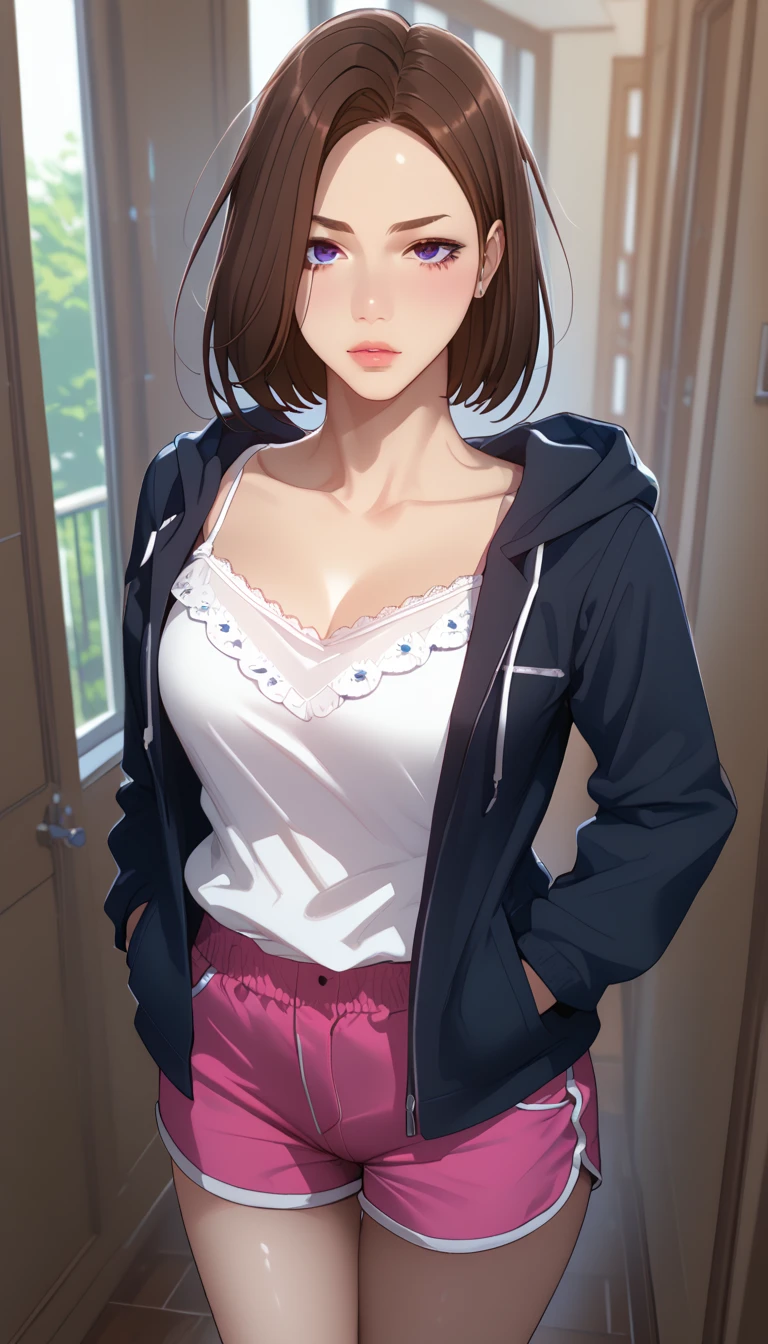 (masterpiece, best_quality:1.2), 1girl, solo, Cha Soo Ah, short hair, black hair, brown hair, blue eyes, purple eyes, (forehead:0.8), (hoodie jacket, black jacket, long sleeves, white camisole, pink shorts, short shorts, dophin shorts), beautiful eyes, female focus, looking at viewer, ((above view)) ((close up shot)) ((solo)), hands in pockets, detailed, very high resolution, no blurry image, standing, beautiful, serene expression, intricate details, detailed background, indoors:1.3