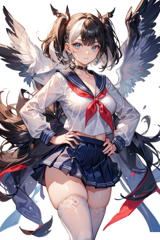1 girl, 18-year-old, masterpiece, beautiful girl, Super detailed, highest quality, realistic, Transparent beauty, perfect face, detailed face, deep and fine eyes, sparkling eyes, (Shiny blue beautiful eyes with reflection), glossy black hair, Long straight floating hair, Expectant smile, blush, school sailor uniform, serahuku, crop top, (Floating mini skirt), white knee high socks, (big breasts), feather wings,angel wings, white wings, shot from below, looking at the viewer, morning,