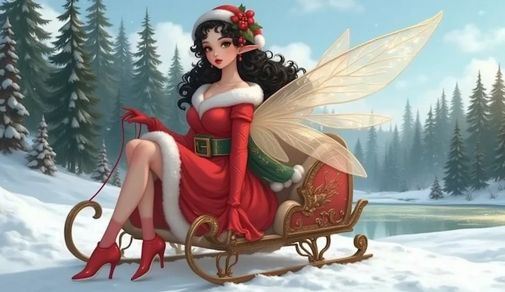 (RAW photo, real photo, high quality, masterpiece), (Santa Claus ride the sled, sled is pulled by woman), A young Japanese woman with smooth, porcelain skin and long, silky black hair cascading down her back, fairy wings 