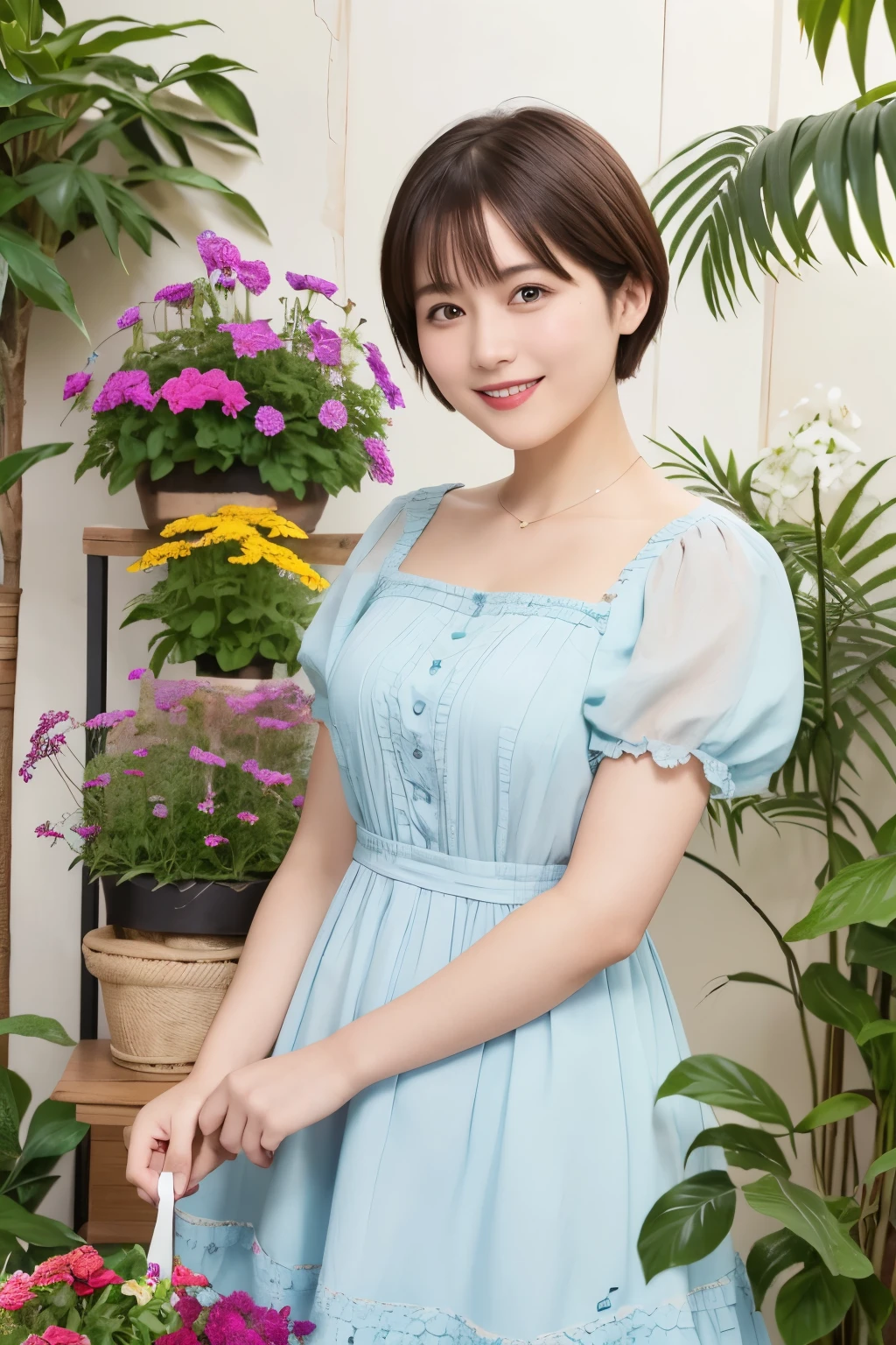 339 (20-year-old female, short hair), ( high image quality), (smile), ( Colorful Dress), ((Arietti's View of the World )), (BIG PLANTS ), (Dollhouse)