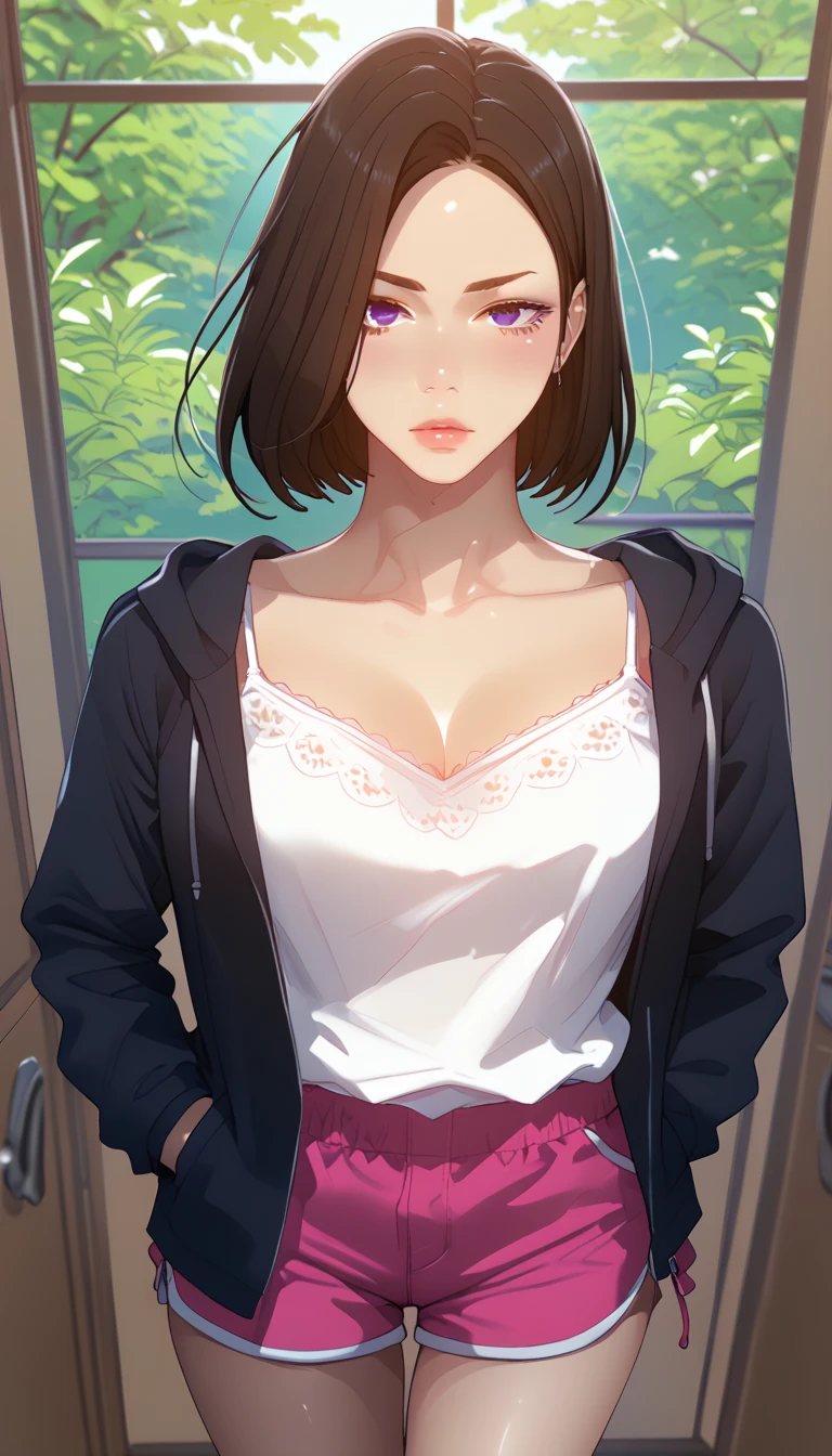 (masterpiece, best_quality:1.2), 1girl, solo, Cha Soo Ah, short hair, black hair, brown hair, blue eyes, purple eyes, (forehead:0.8), (hoodie jacket, black jacket, long sleeves, white camisole, pink shorts, short shorts, dophin shorts), beautiful eyes, female focus, looking at viewer, ((above view)) ((close up shot)) ((solo)), hands in pockets, detailed, very high resolution, no blurry image, standing, beautiful, serene expression, intricate details, detailed background, indoors:1.3