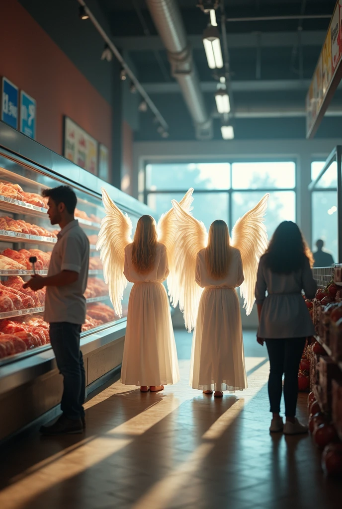 An elegant angel with white wings, glowing softly in an ethereal light, is standing in the aisle of a 7-Eleven convenience store. The angel wears a flowing white robe with a subtle shimmer and a golden halo above her head. She is holding a basket filled with everyday items like snacks, drinks, and toiletries. The bright store lights contrast with her celestial glow as she browses the shelves filled with colorful products. The scene blends the mundane and the divine, with the angel looking curious yet graceful as she interacts with the modern world of convenience shopping