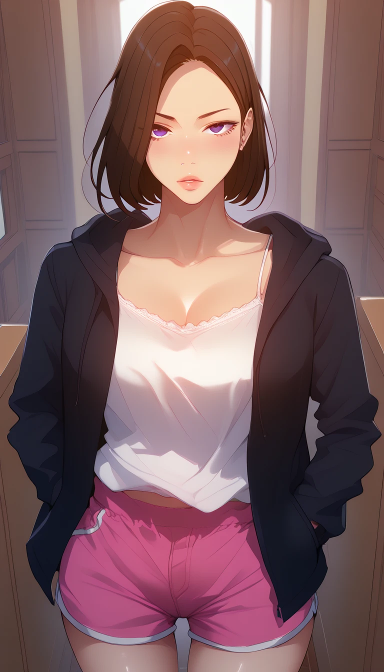 (masterpiece, best_quality:1.2), 1girl, solo, Cha Soo Ah, short hair, black hair, brown hair, blue eyes, purple eyes, (forehead:0.8), (hoodie jacket, black jacket, long sleeves, white camisole, pink shorts, short shorts, dophin shorts), beautiful eyes, female focus, looking at viewer, ((above view)) ((close up shot)) ((solo)), hands in pockets, detailed, very high resolution, no blurry image, standing, beautiful, serene expression, intricate details, detailed background, indoors:1.3