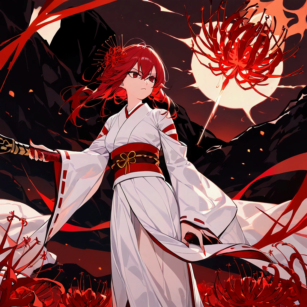 "A middle-height woman with striking red hair styled in a bold and fashionable way, her eyes a toxic shade of dark purple, is holding a spear with a cross-shaped tip. She has a serious expression on her face. Adorning her hair is a red spider lily hair accessory. The background features a volcanic landscape with exposed rock and flames rising. She is wearing a traditional Japanese miko outfit inspired by the red spider lily, with a white and red marbled cap worn at an angle. The spear emanates illusions of flames and poison."