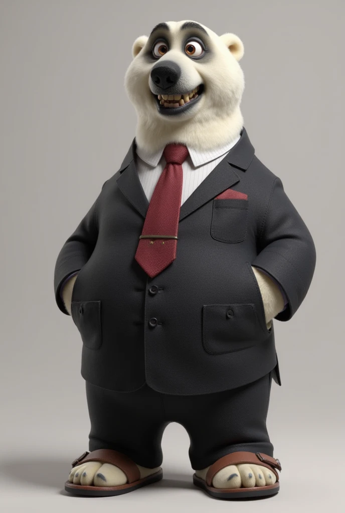 Polar Bear, Male, Kevin, dark suit, red tie, brown vecro sandals, full body, realistic, render, standing, furry, slightly chubby, wide eyes, nervous expression, bared teeth, side view ,neutral background, black eyes, black irises, 3D, tall, side