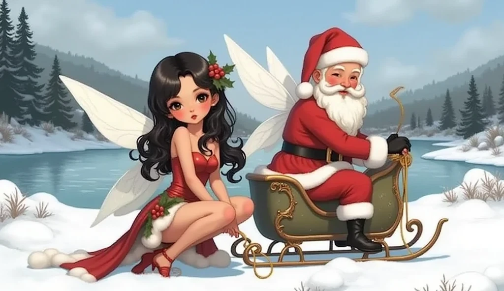 (RAW photo, real photo, high quality, masterpiece), (woman in front of the sled and pull the sled, Santa Claus ride the sled and whipping), A young Japanese woman with smooth, porcelain skin and long, silky black hair cascading down her back, fairy wings 