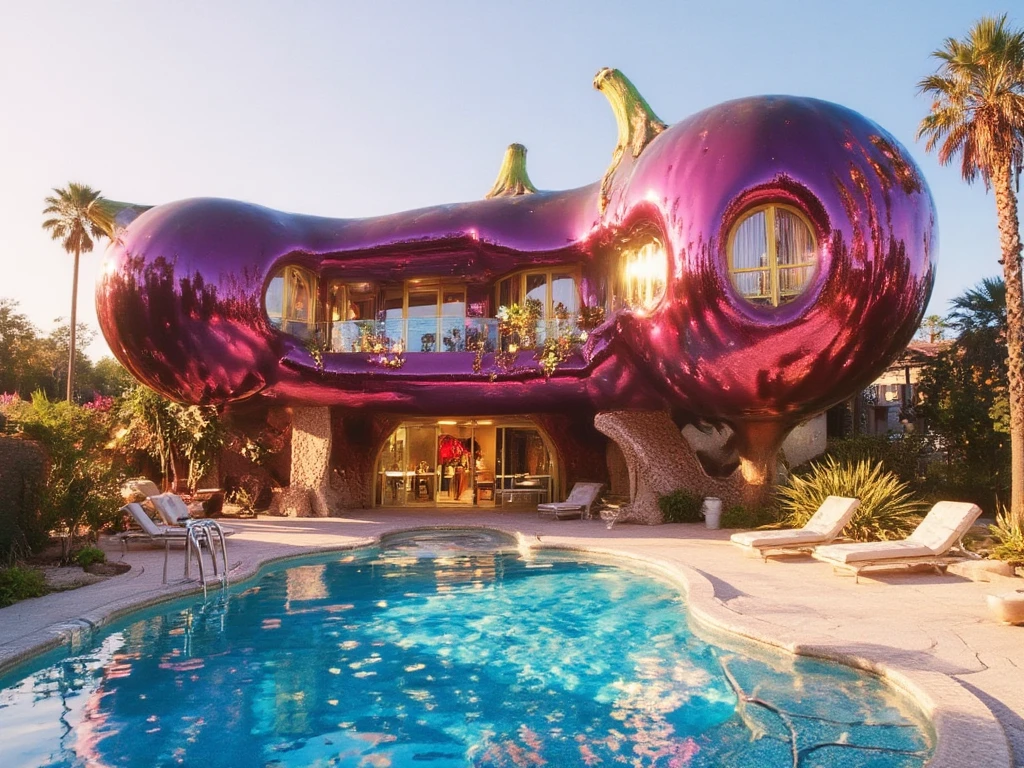 A luxurious mansion inspired by an eggplant, ultra-detailed and realistic. The main structure is elongated and curved, resembling the glossy, deep purple exterior of an eggplant, with golden accents for windows and doors, adding a touch of elegance. The roof is shaped like the green calyx at the top of the eggplant, with intricate leafy details. In front of the mansion, a large, sparkling infinity pool mirrors the house’s rich purple hues, surrounded by a sleek patio with lounge chairs and tropical plants. The setting is bathed in warm sunlight, creating an opulent and serene atmosphere.