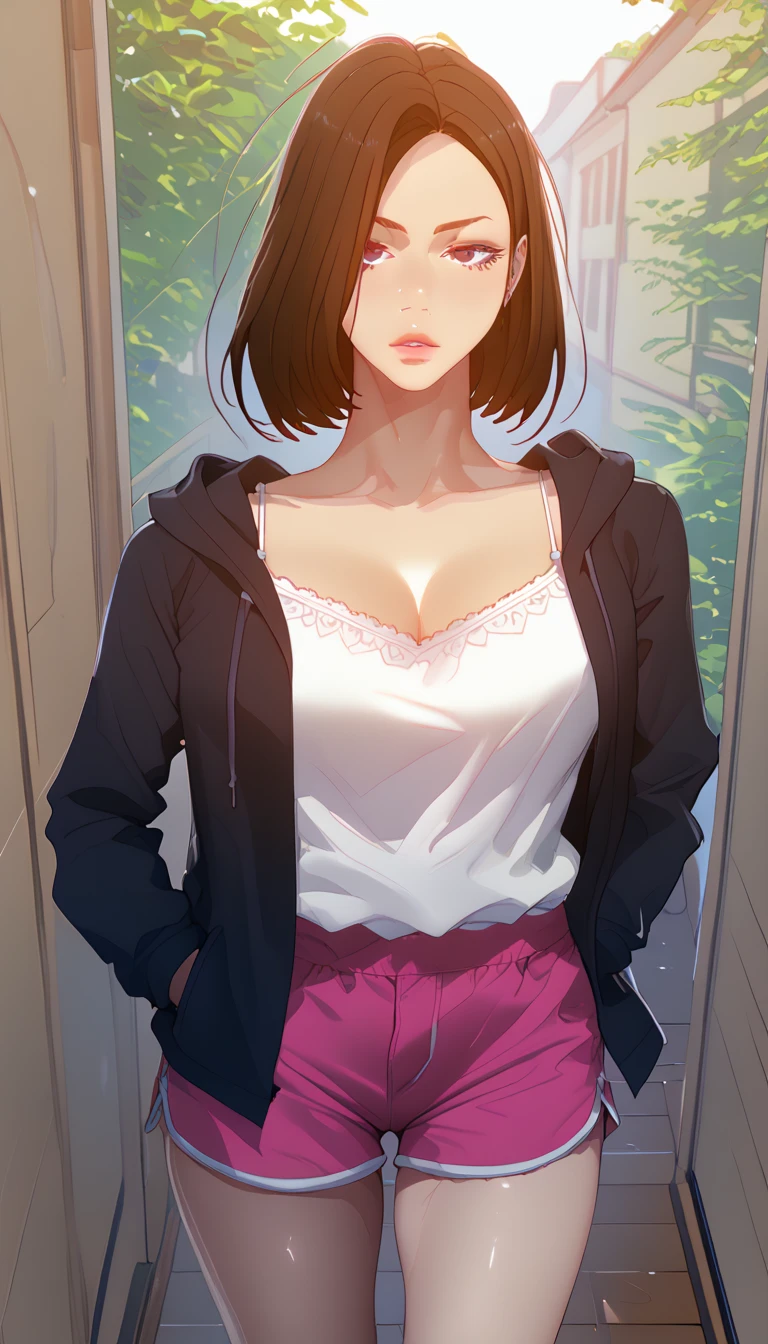 (masterpiece, best_quality:1.2), 1girl, solo, Cha Soo Ah, short hair, black hair, brown hair, blue eyes, purple eyes, (forehead:0.8), (hoodie jacket, black jacket, long sleeves, white camisole, pink shorts, short shorts, dophin shorts), beautiful eyes, female focus, looking at viewer, ((above view)) ((close up shot)) ((solo)), hands in pockets, detailed, very high resolution, no blurry image, standing, beautiful, serene expression, intricate details, detailed background, indoors:1.3