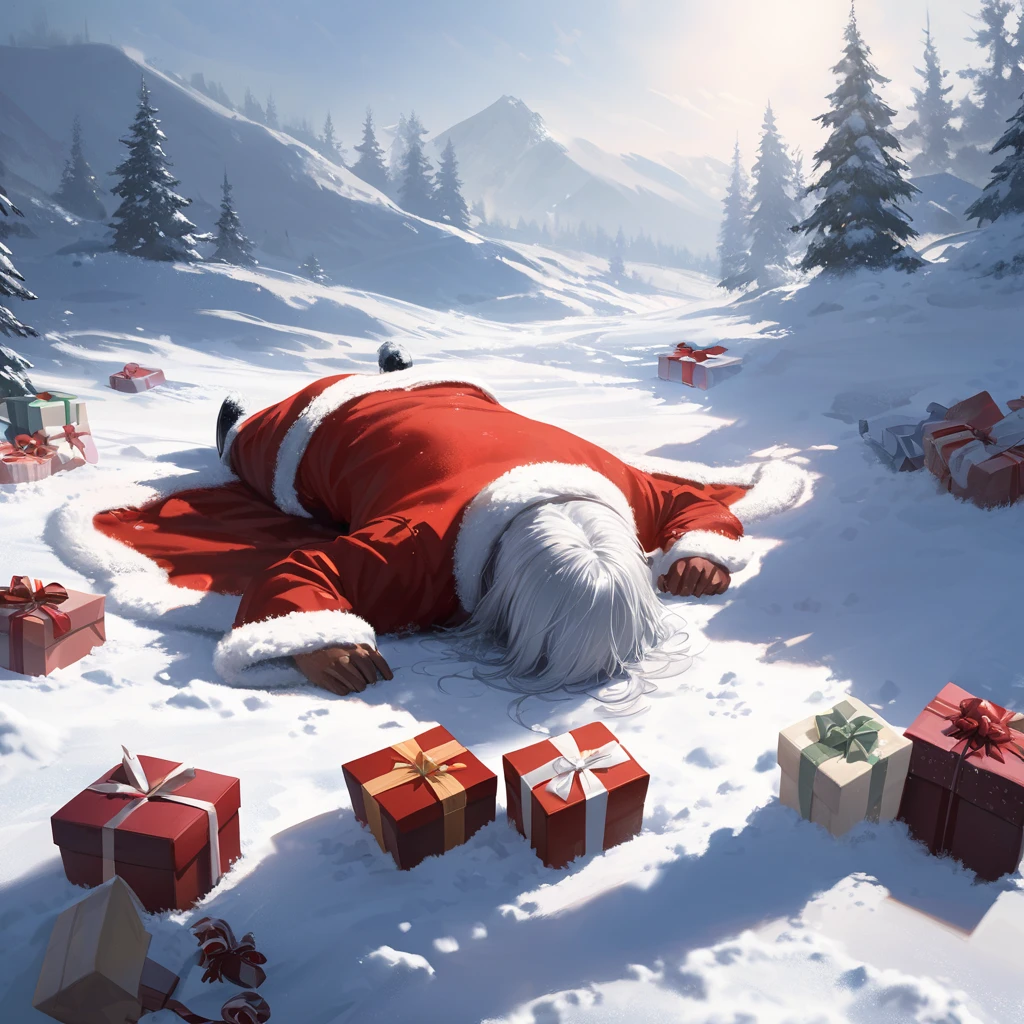 Realism style, Trompe-l'œil, detailed snow texture, realistic lighting and shading, Santa Claus lying face-down in the snow, red and white Santa suit with fur trim, black boots, motionless pose, snowy landscape, soft shadows on snow, scattered wrapped gifts, open gift boxes, empty white background, clear sky, comical yet serene atmosphere, high-resolution details, subtle footprints in snow, realistic folds in Santa's clothes, dynamic lighting highlighting snow surface, dramatic yet humorous composition