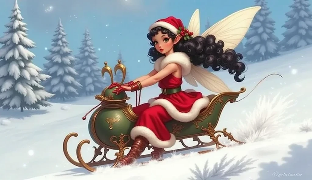 (RAW photo, real photo, high quality, masterpiece), (woman pull the sled to move, Santa Claus ride the sled and whipping hard), A young Japanese woman with smooth, porcelain skin and long, silky black hair cascading down her back, fairy wings 