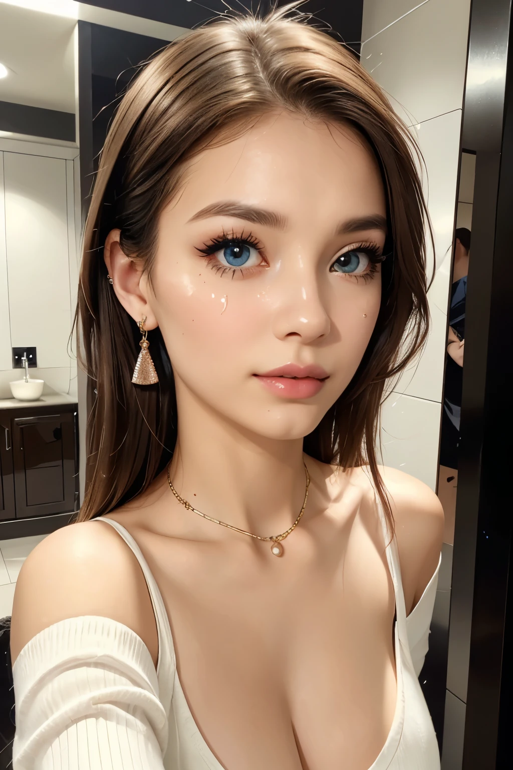 ((innocent and cute girl: 1.3)), ((focus on face: 1.2)), (White off-shoulder shirt, fishtail skirt):1.3, (a tearful look: 1.2), (layered hairstyles, brown hair, medium long hair), big breasts, break (upper body shot: 1.2), looking at the viewer, From above, ((in the entrance of her home at night: 1.2)), break, (masterpiece: 1.3), (maximum resolution: 1.2), (Ultra HDTV: 1.2), cinema light, Ultra HDTV, (fine eyes and skin), (detailed facial features), HDR, 8K resolution, sharp focus: 1.2, perfect style, beautiful face, Highly detailed face and skin texture, fine eyes, brown eyes, double eyelid, thin eyebrows, glitter eyeliner: 1.2, natural cheeks, shiny skin, Fair skin: 1.2, (wet eyes:0.5), earrings, without a shiny small neck, (glossy lips: 1.4),