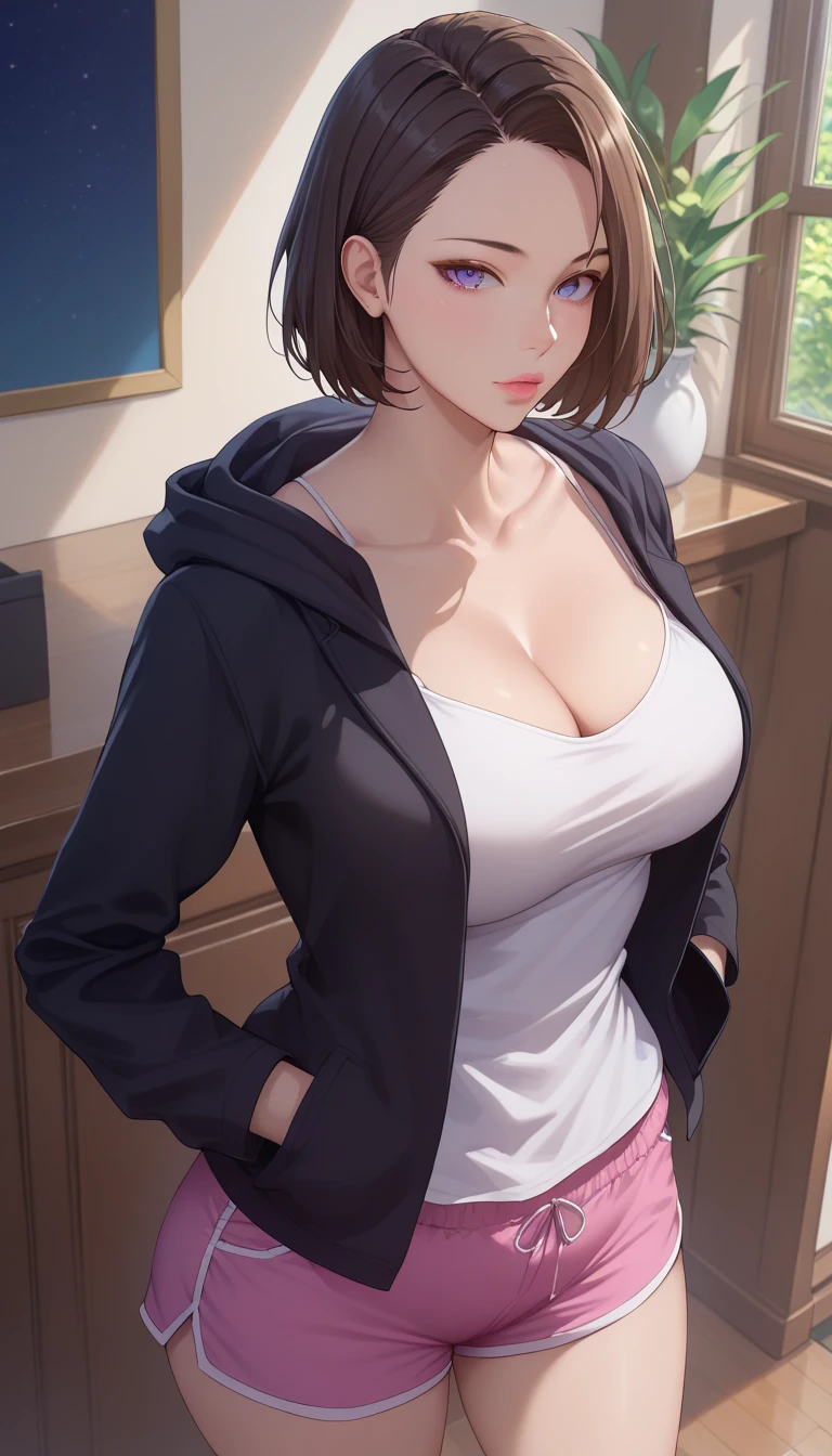 (masterpiece, best_quality:1.2), 1girl, solo, Cha Soo Ah, short hair, black hair, brown hair, blue eyes, purple eyes, (forehead:0.8), (hoodie jacket, black jacket, long sleeves, white camisole, pink shorts, short shorts, dophin shorts), beautiful eyes, female focus, looking at viewer, large breast, cleavage, wide hips, ((above view)) ((close up shot)) ((solo)), hands in pockets, detailed, very high resolution, no blurry image, standing, beautiful, elegant, serene expression, intricate details, detailed background, indoors:1.3