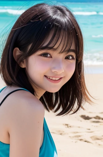 Cute girl、Classmate、、Pretty girl、(White sand beach、Tropical Beach)、(one piece、Transparency、Detailed floral pattern、Light green fabric、Golden embroidery)、Beautiful feet、(Small breasts 1.3)、(smile、Perfect white teeth)、bangs、Short Hair、Cat ears headband、(Smooth Hair)、Slim body、(from below)、RAW Photos, (Highest quality、masterpiece、Realistic photo:1.2)、(Realistic:1.4)、Pastel Color Palette、Super detailed、Realistic skin texture、Beautiful eyes in every detail、Brown eyes、(Detailed Background、The background is blurry:1.2)、