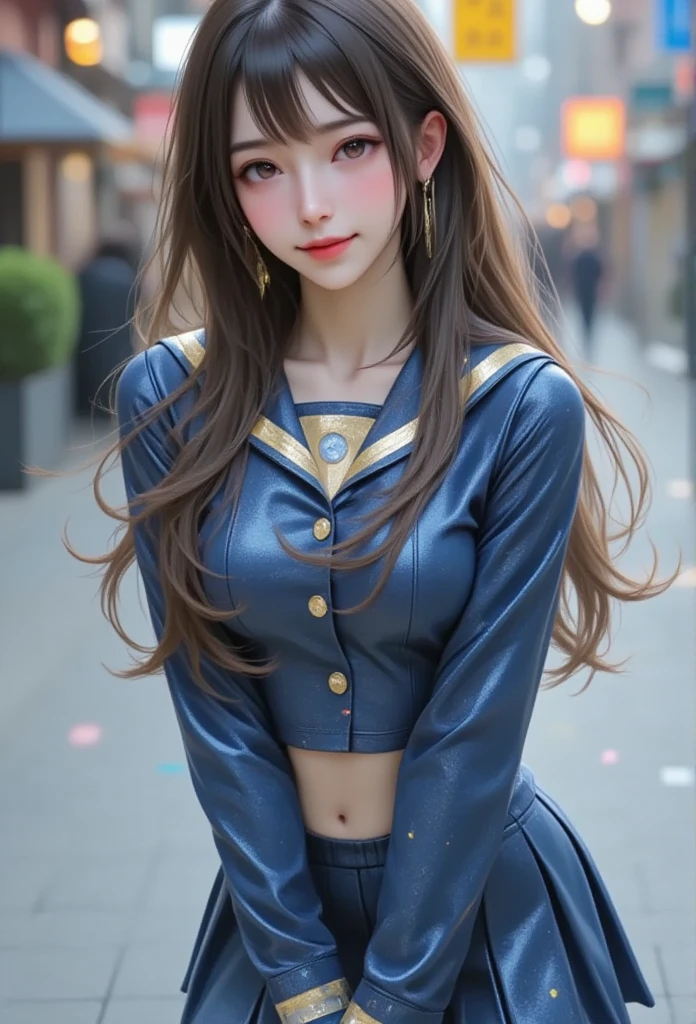 (super cute young face:1.5),(sparkling clear attractive large glowing eyes:1.5), (japanese idol face:1.5),very beautiful cute girl,(baby face:1.4),(thirteen  years old:1.4),exquisite smooth and silky long brown straight hair,fair skin,(happy cheerful smile),professional portrait,(realistiv photograph:1.2),
(super shiny  metallic blue and white latex sailor high school uniform:1.2),pleated skirt,
shiny metallic gold sailor collar, happy cheerful smile,narrow waist,in the street,(very thin makeup)