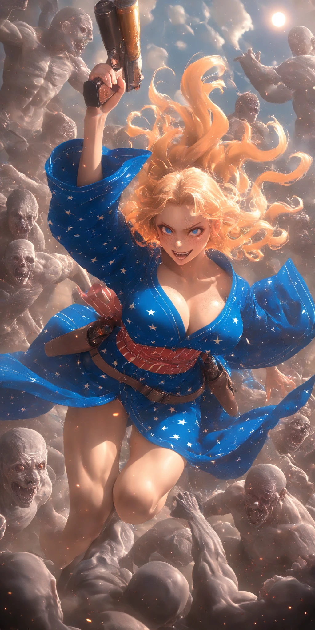 1girl\(american,blonde,Freckles,(tatoo:1.2),(Muscular), blue eyes,big breast,wearing beautiful yukata\(american flag\(Stars and stripes\) design\),holding 2guns,shooting guns,wearing Grenades, gun belts, wavy hair, long hair, floating hair, scar on face,smile, sharp teeth, tongue, Tequila Bottle,dynamic action, dynamic angle,\) at (kyoto), so (many zombie), apocalips, dooms day,red black sun. BREAK .quality\(8k,wallpaper of extremely detailed CG unit, high resolution, top-quality, top-quality real texture skin, hyper realistic, increase the resolution, RAW photos, best quality, highly detailed, the wallpaper, golden ratio, high saturation realism, vibrant colors, dramatic lighting, persuasive storytelling, atmospheric scenery, captivating visuals, intricate details, strong emotions, dreamlike world\),dynamic angle,dutch angle,