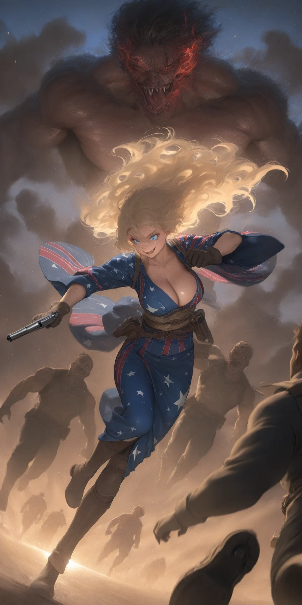 1girl\(american,blonde,Freckles,(Muscular), blue eyes,big breast,wearing beautiful yukata\(american flag\(Stars and stripes\) design\),holding 2guns,shooting guns,wearing Grenades, gun belts, wavy hair, long hair, floating hair, scar on face,smile, sharp teeth, tongue, Tequila Bottle,dynamic action, dynamic angle,\) at (kyoto), so (many zombie), apocalips, dooms day,red black sun. BREAK .quality\(8k,wallpaper of extremely detailed CG unit, high resolution, top-quality, top-quality real texture skin, hyper realistic, increase the resolution, RAW photos, best quality, highly detailed, the wallpaper, golden ratio, high saturation realism, vibrant colors, dramatic lighting, persuasive storytelling, atmospheric scenery, captivating visuals, intricate details, strong emotions, dreamlike world\),dynamic angle,dutch angle,