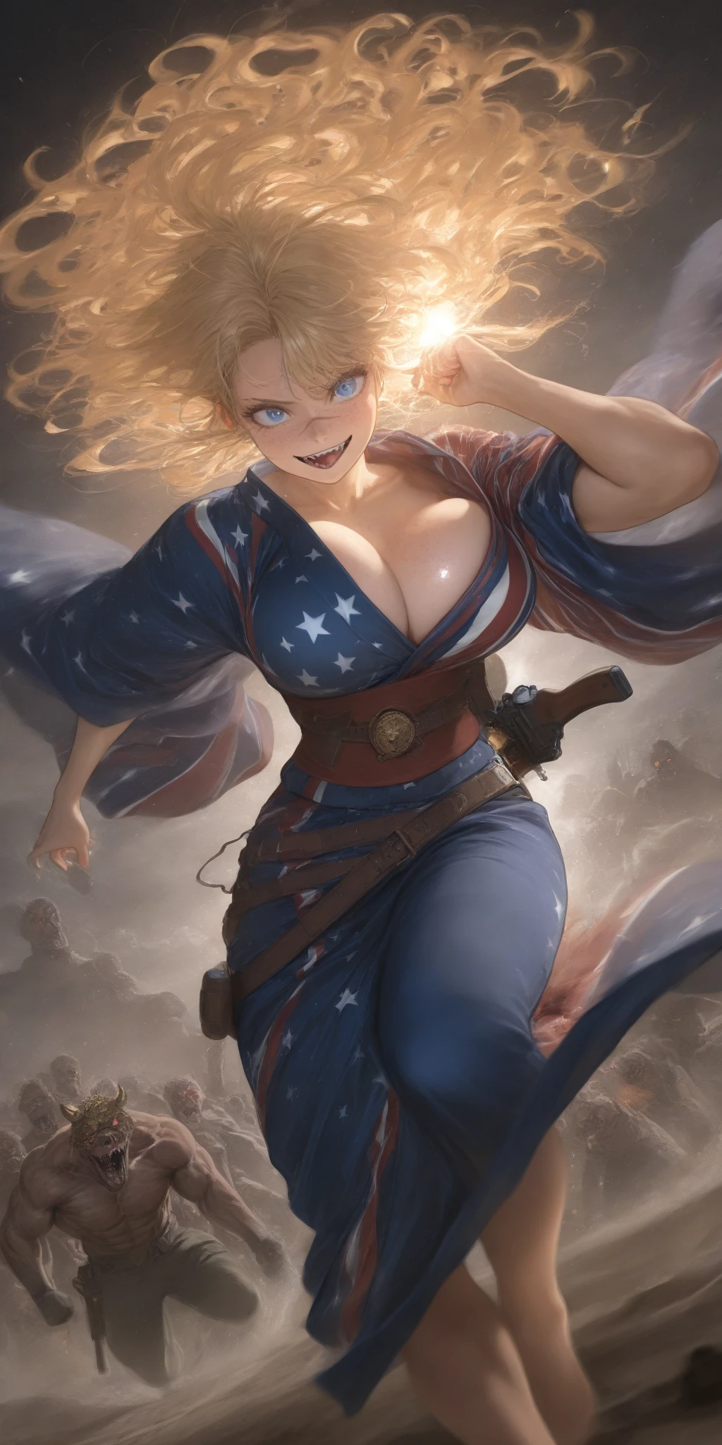 1girl\(american,blonde,Freckles,(Muscular), blue eyes,big breast,wearing beautiful yukata\(american flag\(Stars and stripes\) design\),holding 2guns,shooting guns,wearing Grenades, gun belts, wavy hair, long hair, floating hair, scar on face,smile, sharp teeth, tongue, Tequila Bottle,dynamic action, dynamic angle,\) at (kyoto), so (many zombie), apocalips, dooms day,red black sun. BREAK .quality\(8k,wallpaper of extremely detailed CG unit, high resolution, top-quality, top-quality real texture skin, hyper realistic, increase the resolution, RAW photos, best quality, highly detailed, the wallpaper, golden ratio, high saturation realism, vibrant colors, dramatic lighting, persuasive storytelling, atmospheric scenery, captivating visuals, intricate details, strong emotions, dreamlike world\),dynamic angle,dutch angle,