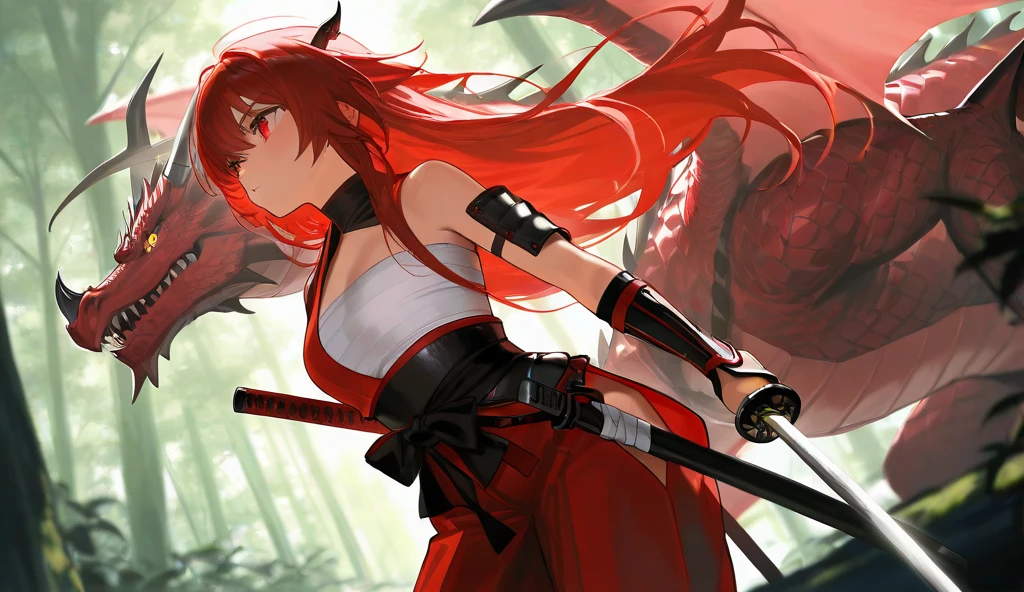 samurai girl, beautiful girl, red long hair, chest wrap, katana, face on black dragon, fantasy forest background,
Wide viewing angle