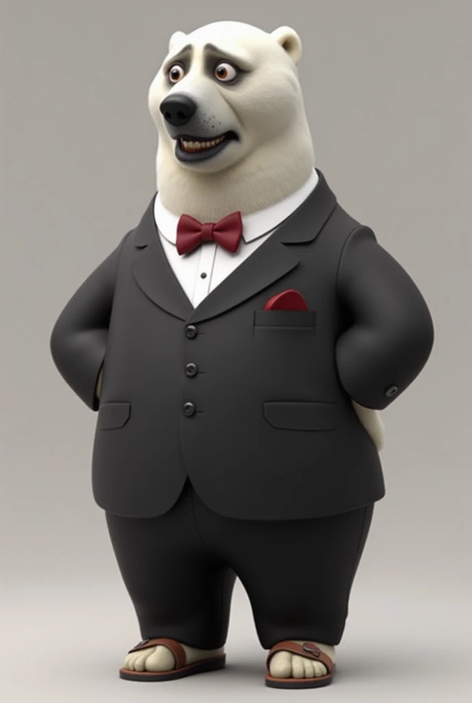 Polar Bear, Male, Kevin, dark suit, red  bow tie, brown vecro sandals heels, full body, realistic, render, standing, furry, slightly chubby, wide eyes, nervous expression, bared teeth, side view ,neutral background, black eyes, black irises, 3D, tall, side