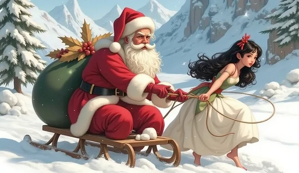 (RAW photo, real photo, high quality, masterpiece), (woman and Santa Claus, woman tow the sled to move, Santa Claus ride the sled and whipping her hard), A young Japanese woman with smooth, porcelain skin and long, silky black hair cascading down her back, 