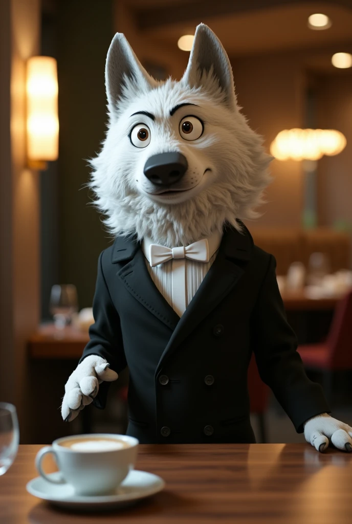 gari, zootopia, wolf, timberwolf , white fur, ,  standing device,  curious facial expression, mouth , blazer,  black shirt, white bow tie,trousers, Above, realistic 3D , render,  standing device, fluffy, High, cant, real life as, sitting in a restaurant