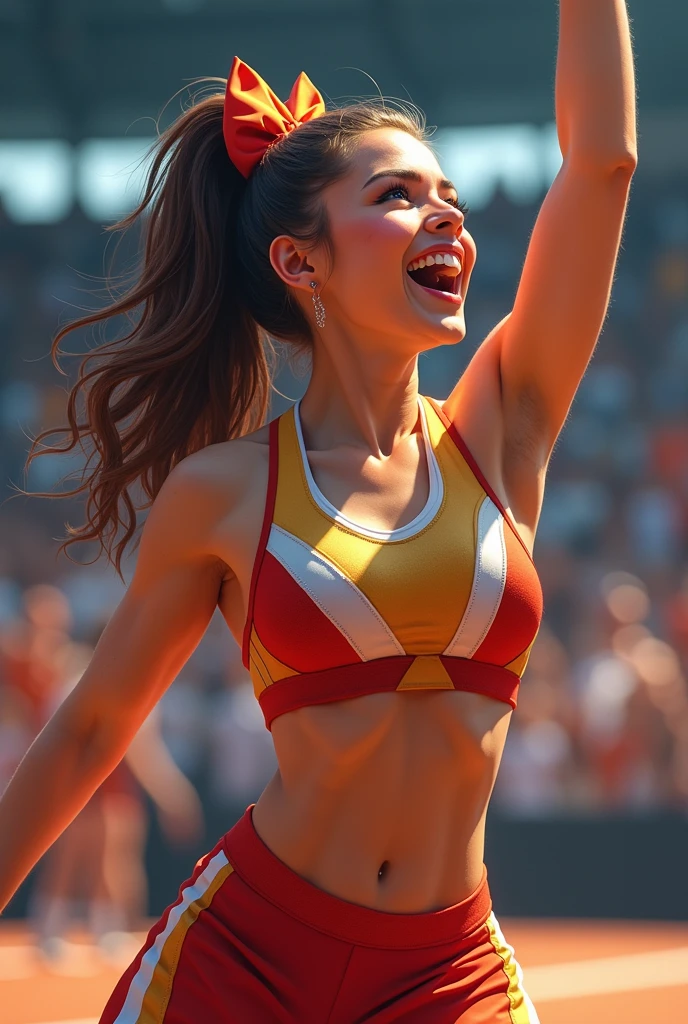 Close up picture or a Beautiful brunette 22 year old Olympian woman, holding the Olympic flame, French woman standing on the podium holding the Olympic flame, beautiful smiling babe, medium brown hair parted to one side, bokeh lighting, ample cleavage, High resolution, masterpiece, Best quality, intricate high detail, highly detailed, mise au point nette, detailed skin, realistic skin texture, texture, detailled eyes, professionnel, 4K, sourire charmant, filmed on Canon, 85 mm, faible profondeur de champ, Couleur Kodak Vision, perfect fit body, Extremely detailed, photographier_\(ultra\), photoreallistic, Realstic, Post-traitement, Maximum details, roughness, real life, ultra realist, photorealism, photographie, 8K UHD, photographie